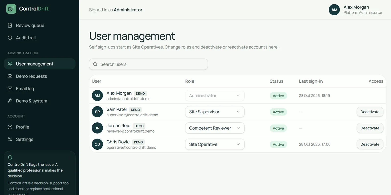 User management with roles from site operative to administrator