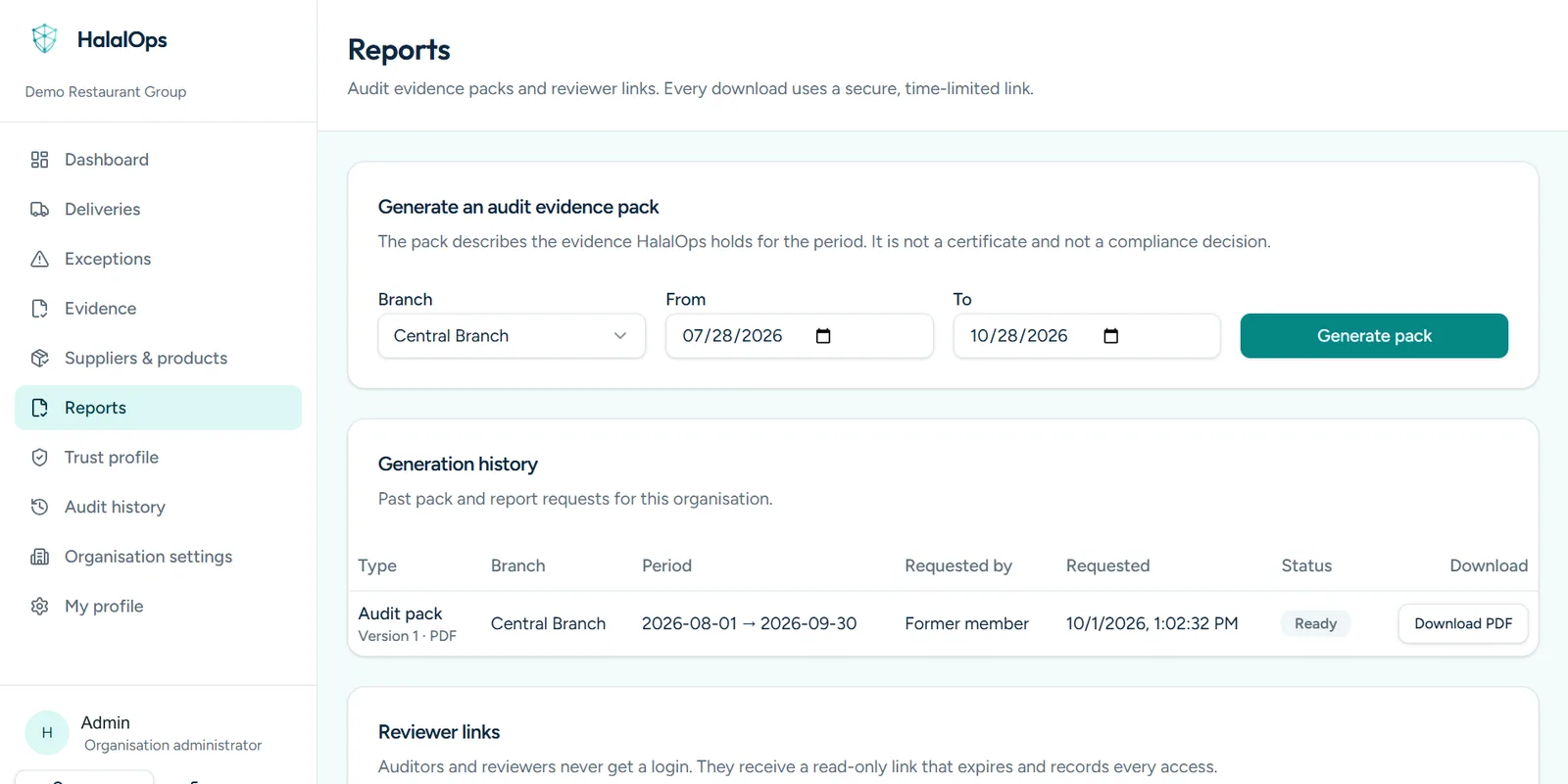 Audit evidence packs and time-limited reviewer links