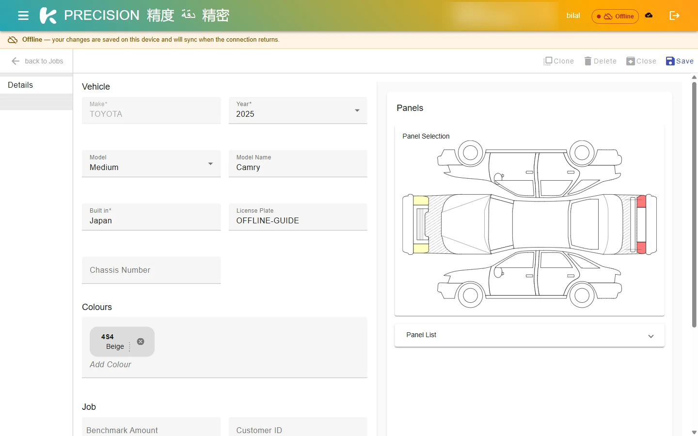 Job editor with vehicle details and the panel selection diagram