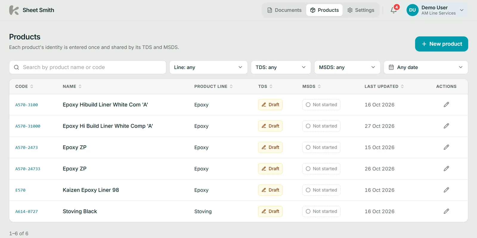 Products, each entered once and shared by its TDS and MSDS